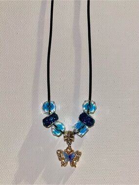 Blue & Gold Butterfly Pendant Necklace w/Turquoise Faceted & Rhinestone Accents